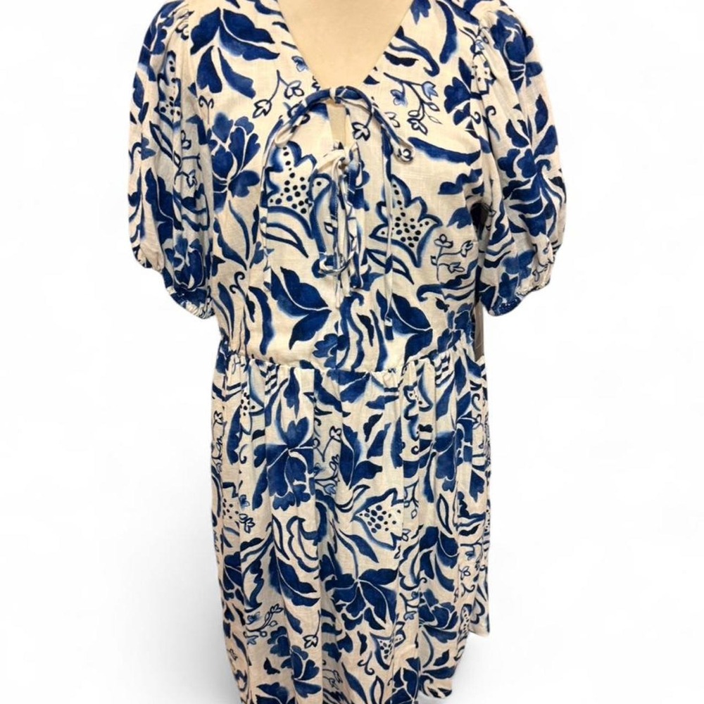 Blue and white floral print dress with tie front detail.